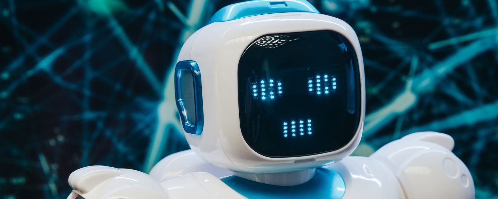 A white robot with a glowing face display, representing an AI assistant choosing which business to recommend